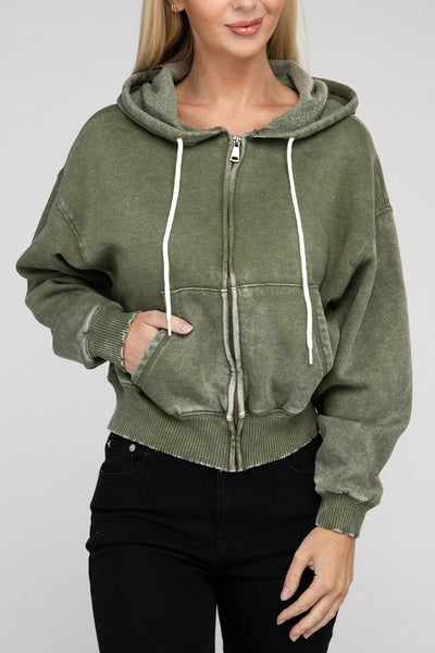 Acid Wash Fleece Cropped Zip-Up Hoodie